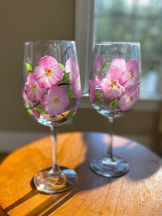 Set of 4 Cherry Blossom Hand-Painted Wine Glasses