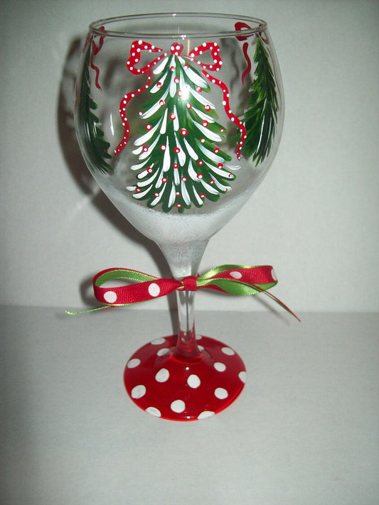 Set of 4 Hand-Painted Christmas Tree Wine Glasses