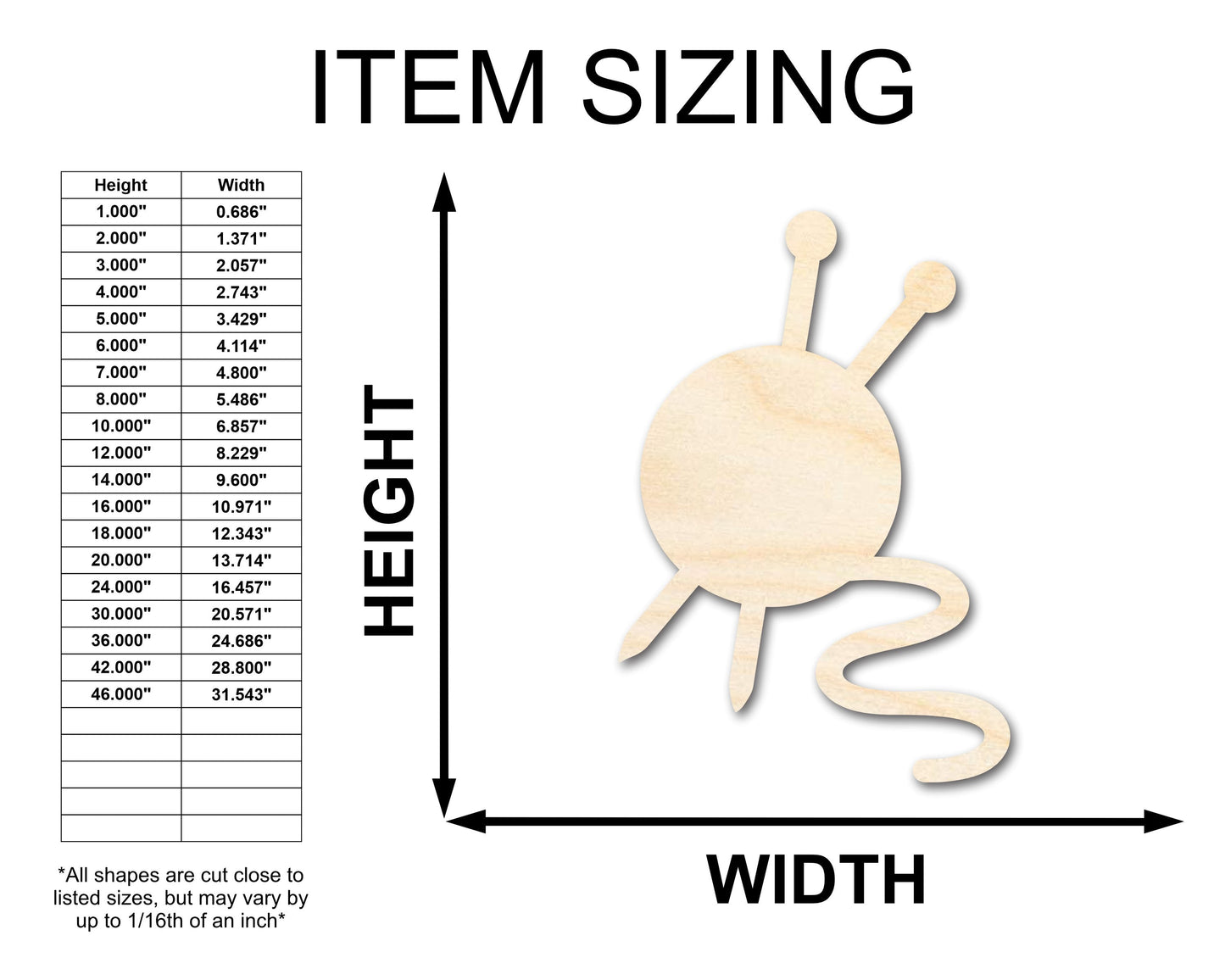 Unfinished Wood Yarn Shape | Knitting Ball and Needles Silhouette | Craft Cutout | up to 46" DIY