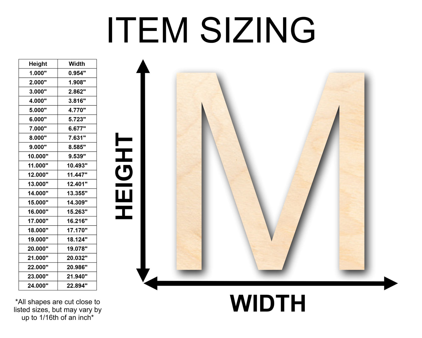 Unfinished Wood Arial Letter M Shape - Craft - up to 46" DIY