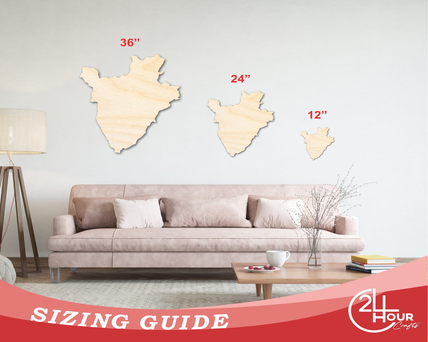 Unfinished Wood Burundi Country Shape - East Africa Craft - up to 46" DIY