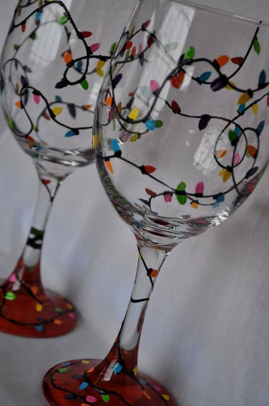 Set of 4 Hand-Painted Holiday Lights Wine Glasses