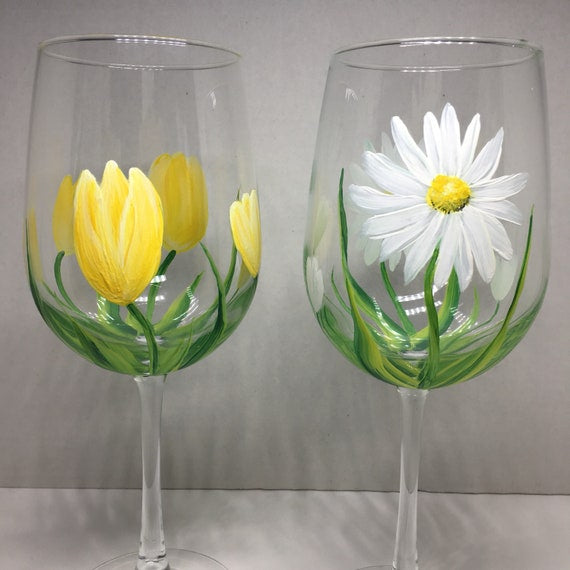 Set of 4 Spring Floral Hand-Painted Wine Glasses