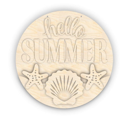 Unfinished Wood Seashell Hello Summer Door Sign Kit | Wood Craft Cutouts | 1/4" Thick |