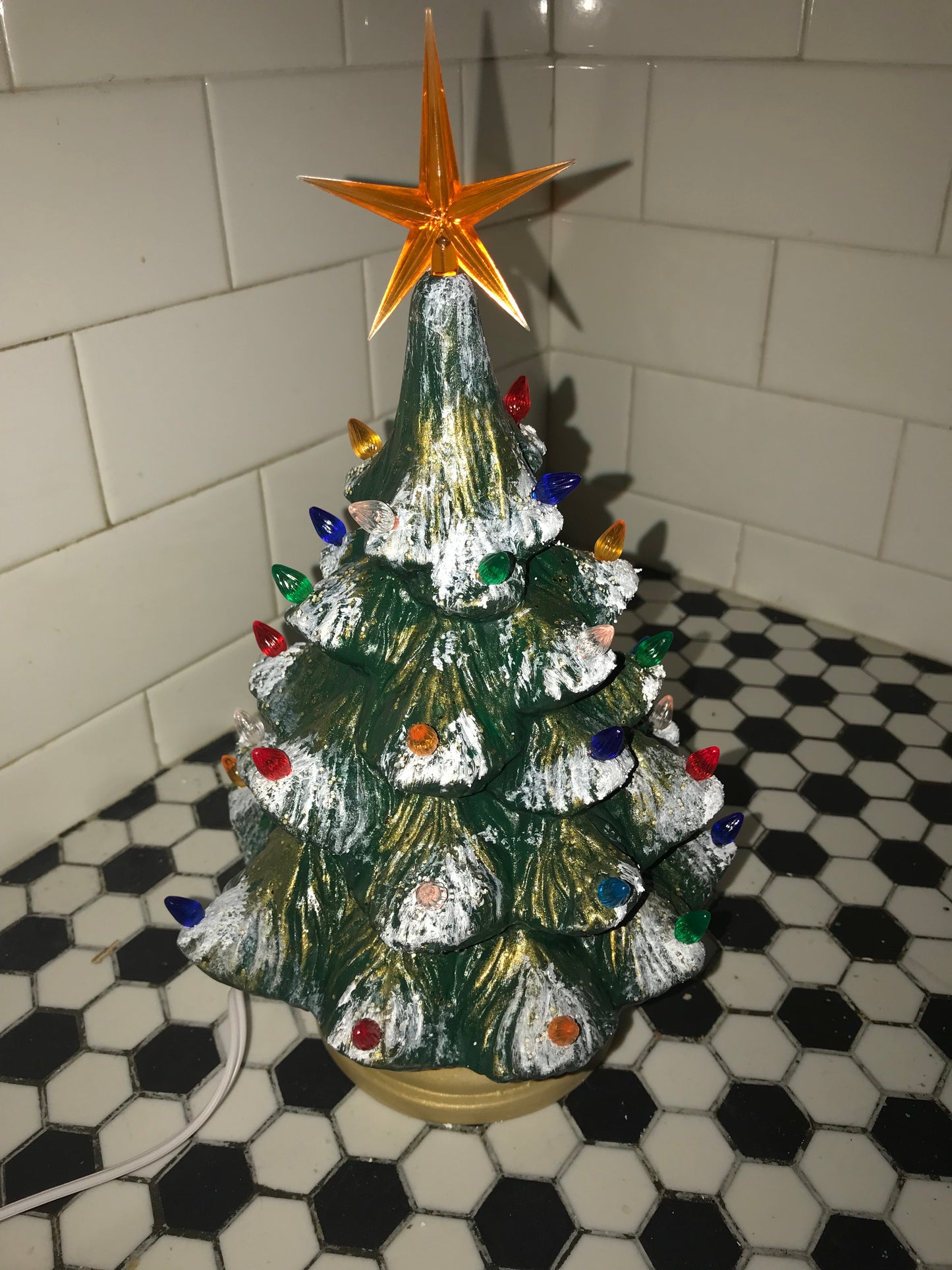 Vintage Ceramic Tree with Light - Green and Gold