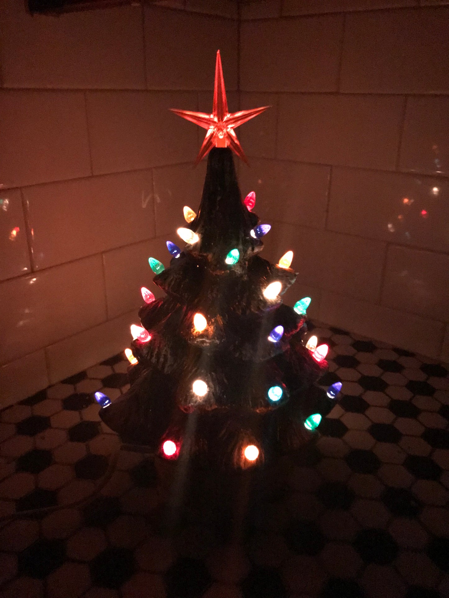 Vintage Ceramic Tree with Light - Green and Gold